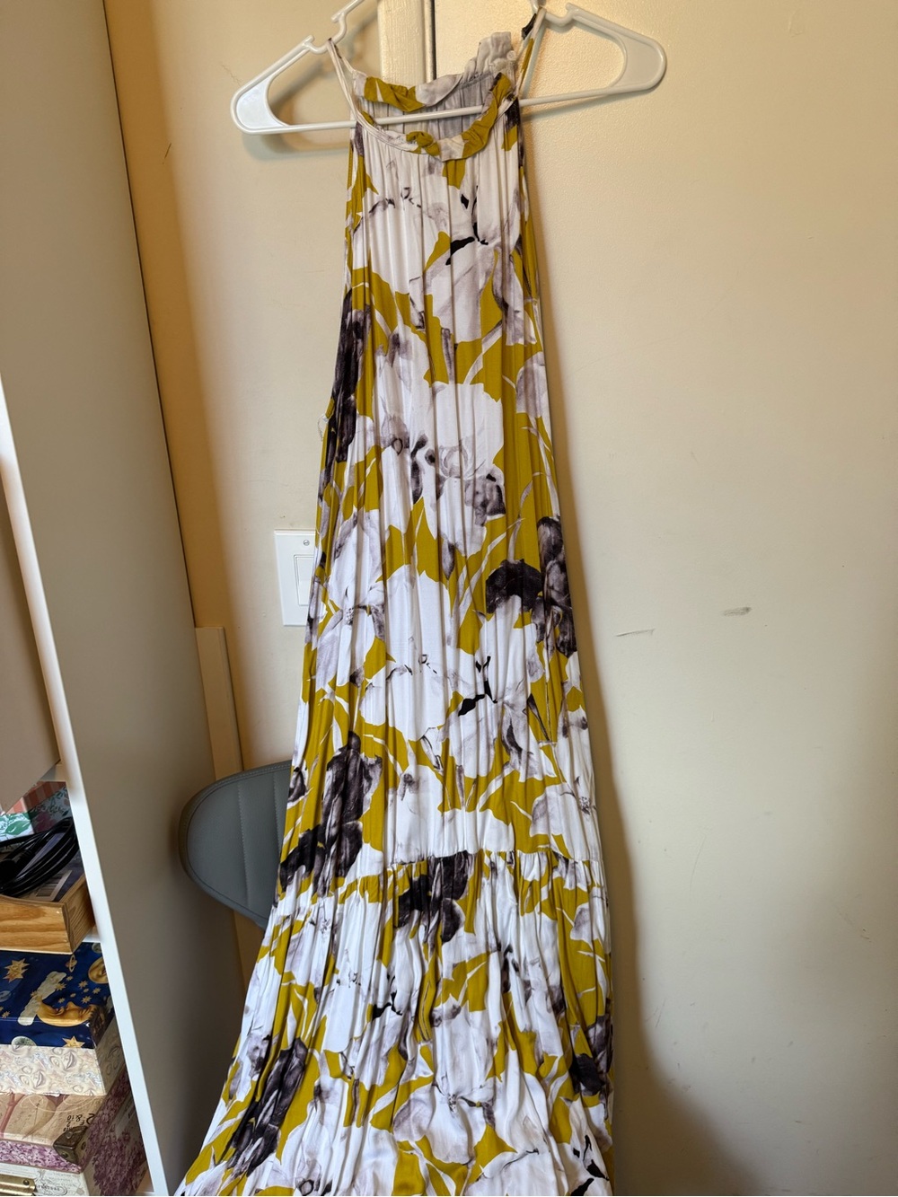 Pleated Halter Maxi Dress in Yellow Floral